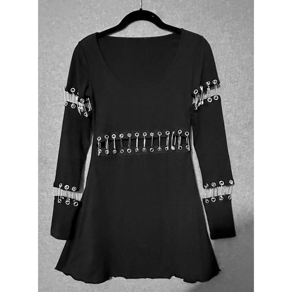 Widow Mini Dress Small Black Goth Grunge Safety Pin Cut Out Punk WD22575 Witchy